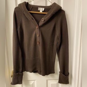Brown, 3/4 button up sweater.